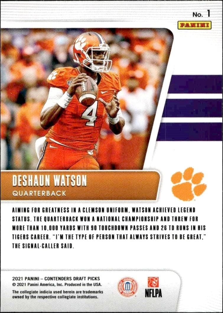 2021 Panini Contenders Draft Picks Deshaun Watson #1 football trading card back