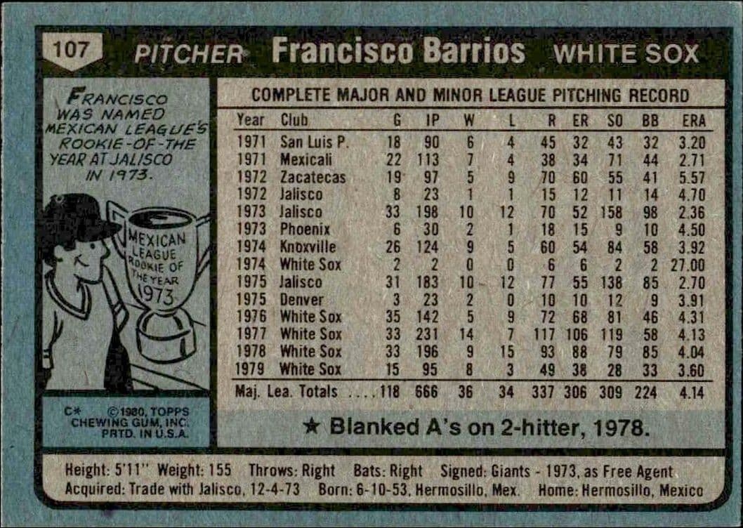 1980 Topps Francisco Barrios #107 baseball trading card back