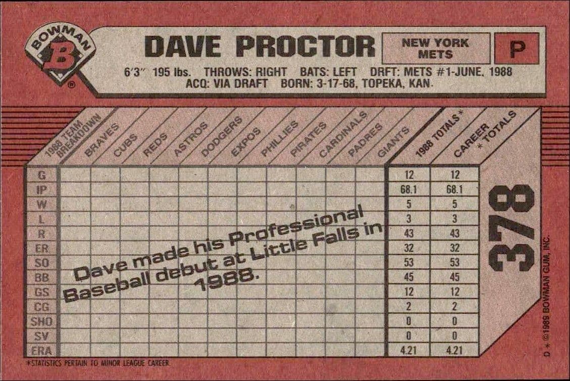 1989 Bowman Dave Proctor #378 baseball trading card back