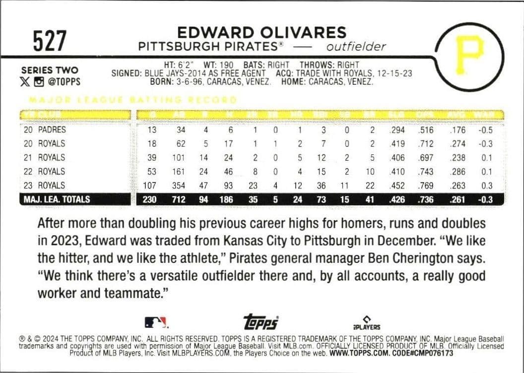 2024 Topps Series 2 Edward Olivares #527 baseball trading card back