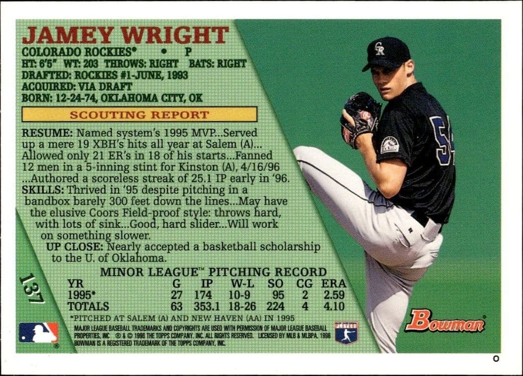 1996 Bowman Jamey Wright #137 baseball trading card back