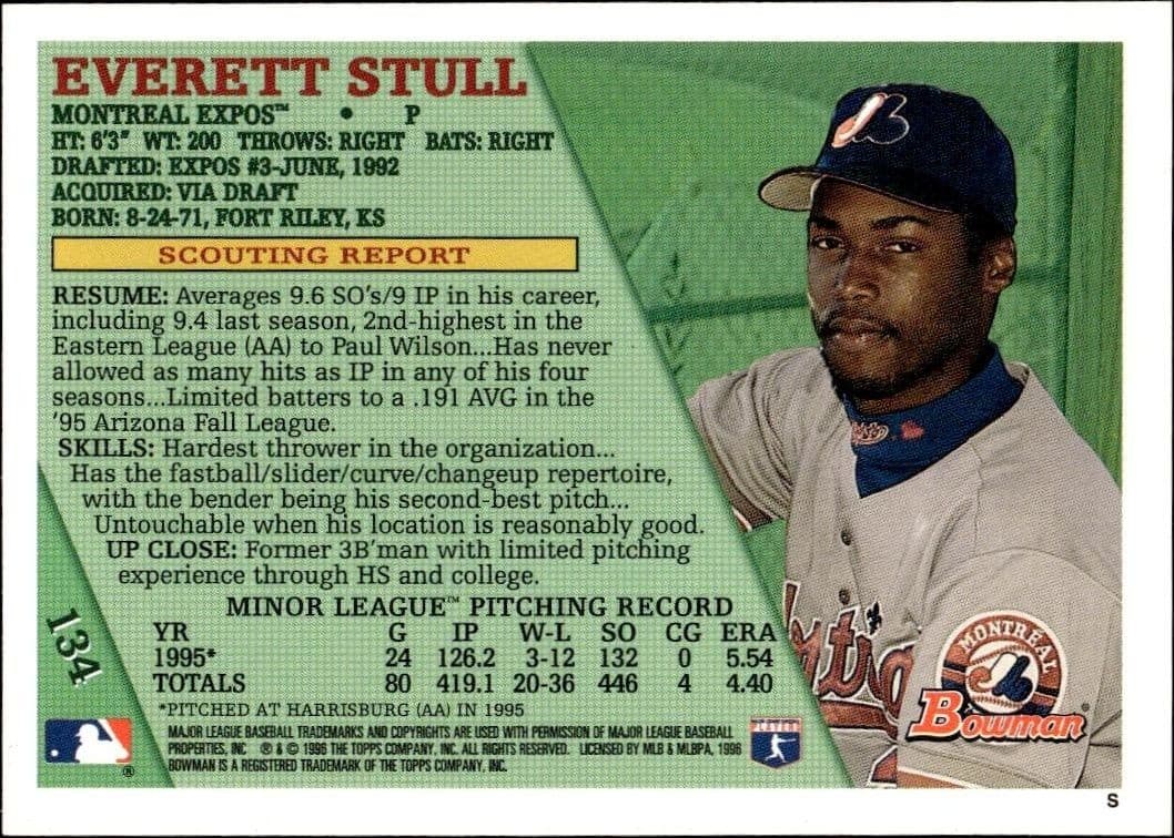 1996 Bowman Everett Stull #134 baseball trading card back