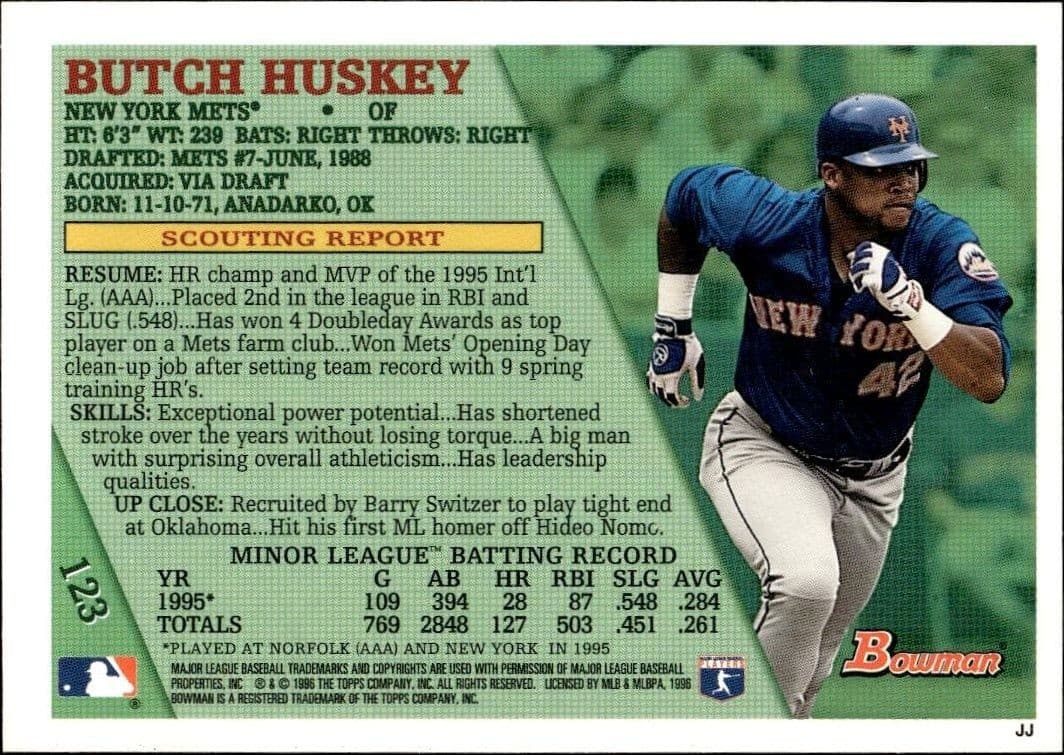 1996 Bowman Butch Huskey #123 baseball trading card back