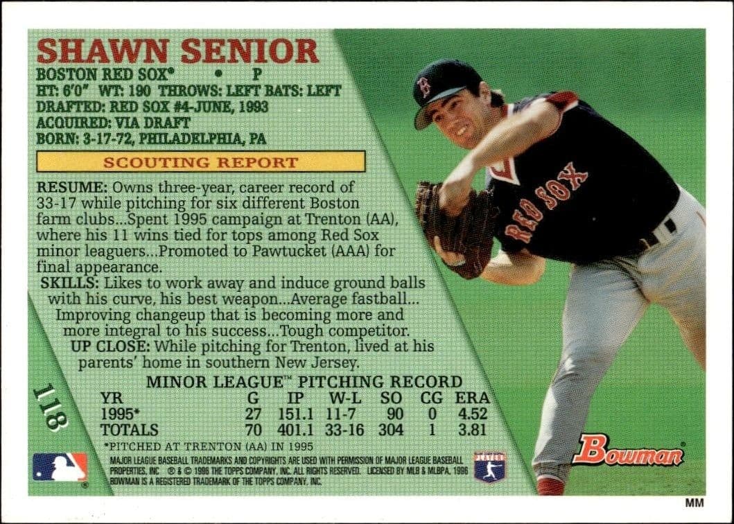 1996 Bowman Shawn Senior #118 baseball trading card back