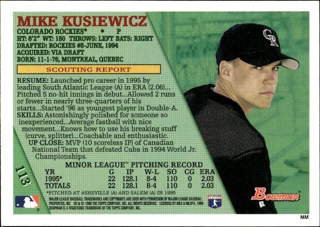 1996 Bowman Mike Kusiewicz #113 baseball trading card back