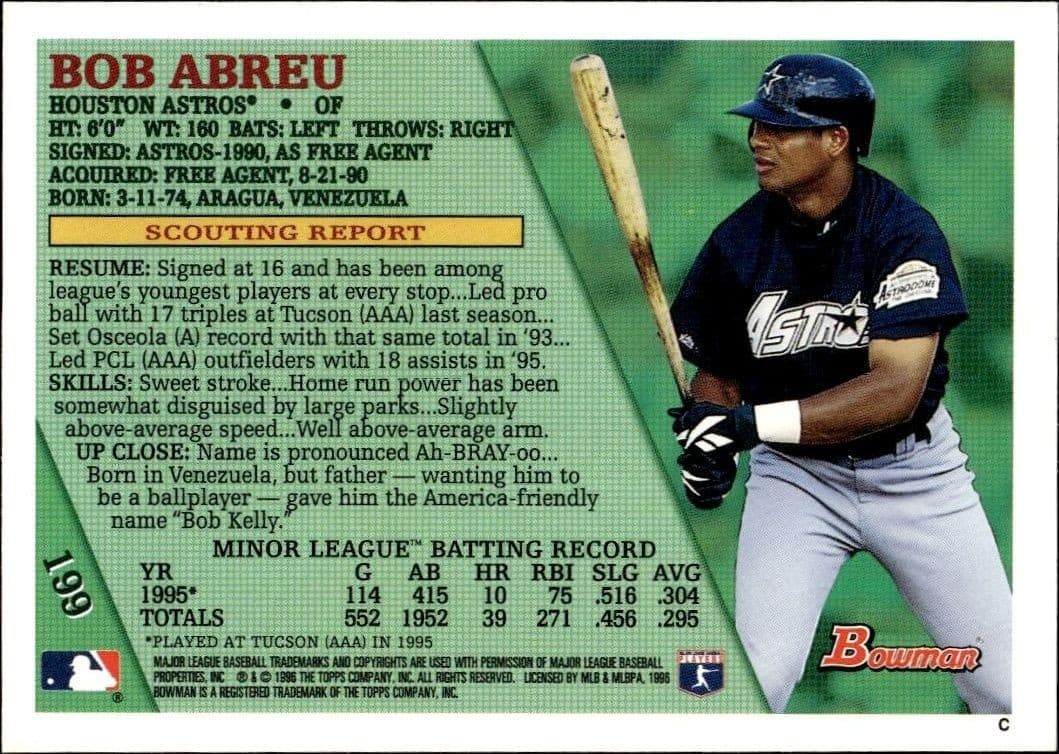 1996 Bowman Bob Abreu #199 baseball trading card back