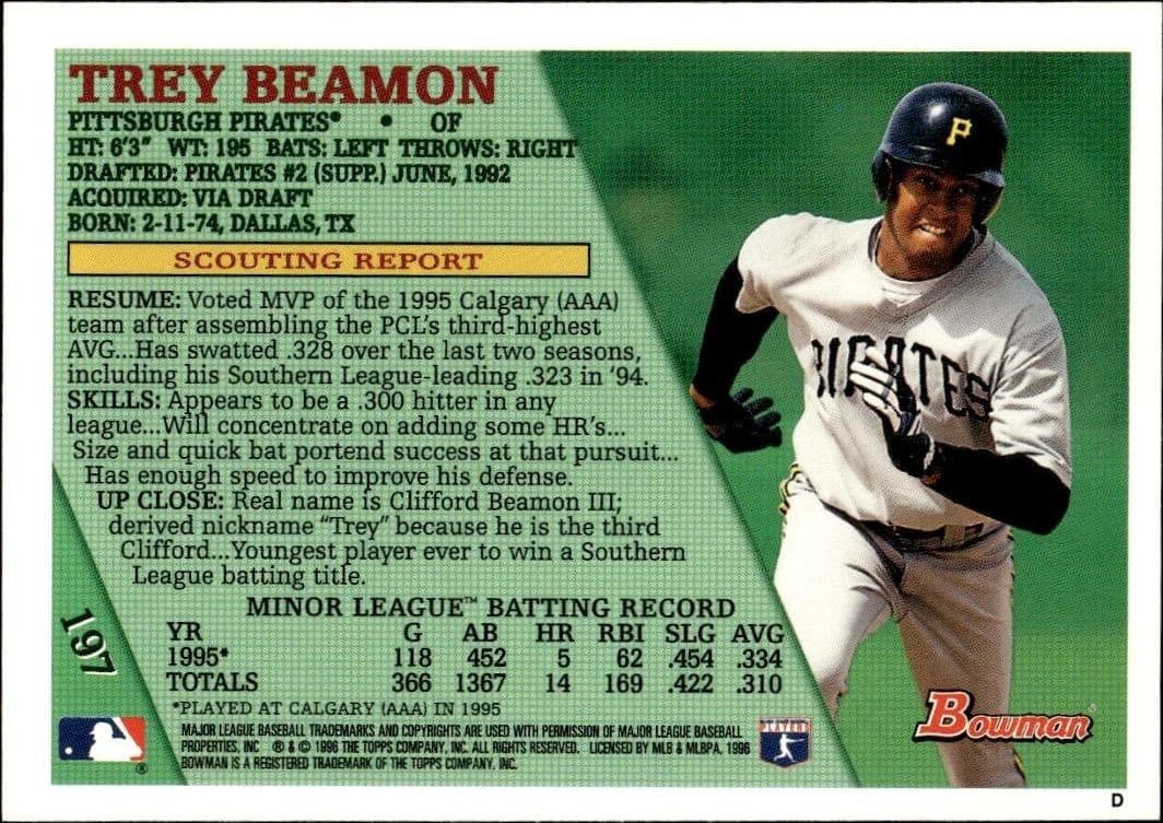 1996 Bowman Trey Beamon #197 baseball trading card back