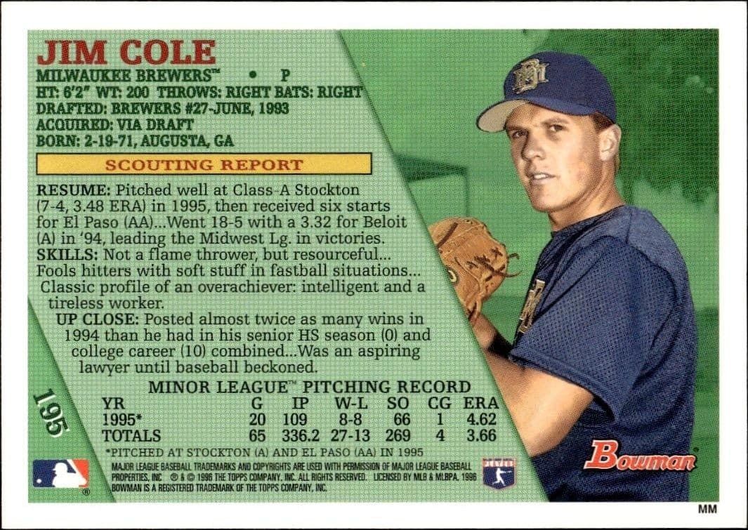 1996 Bowman Jim Cole #195 baseball trading card back