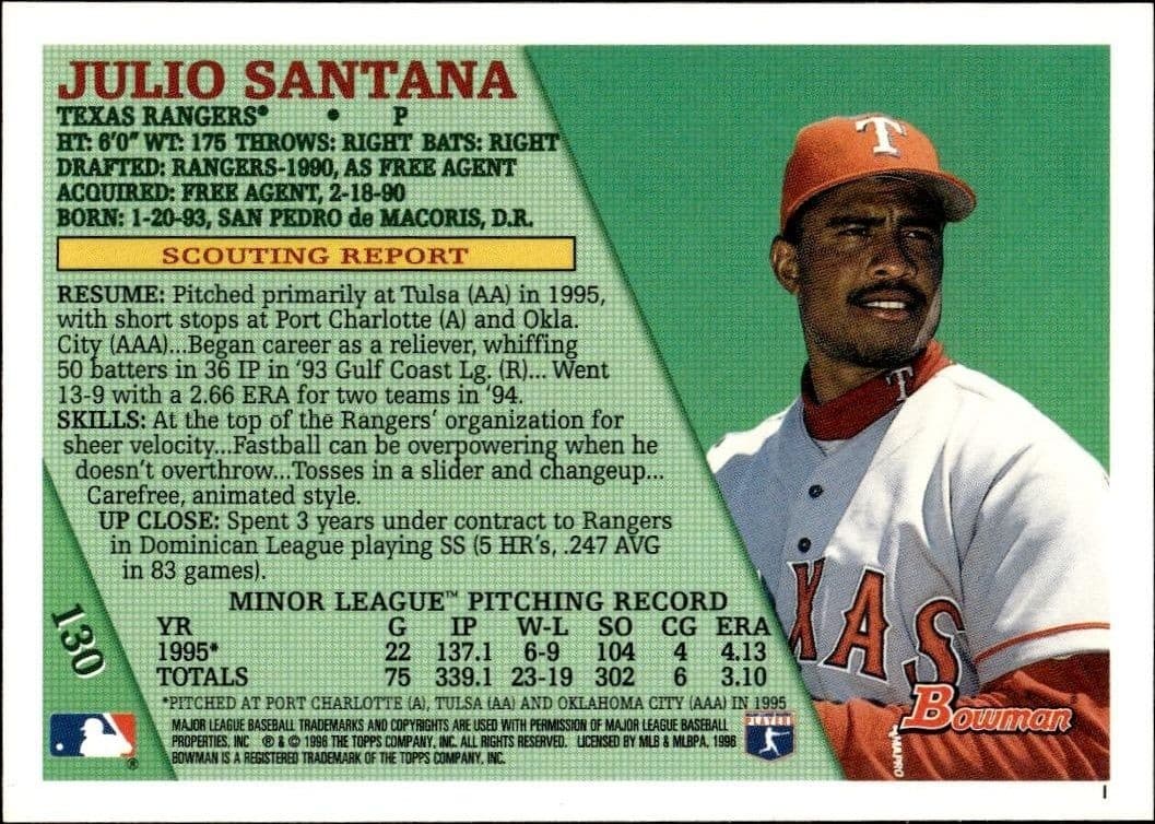 1996 Bowman Julio Santana #130 baseball trading card back