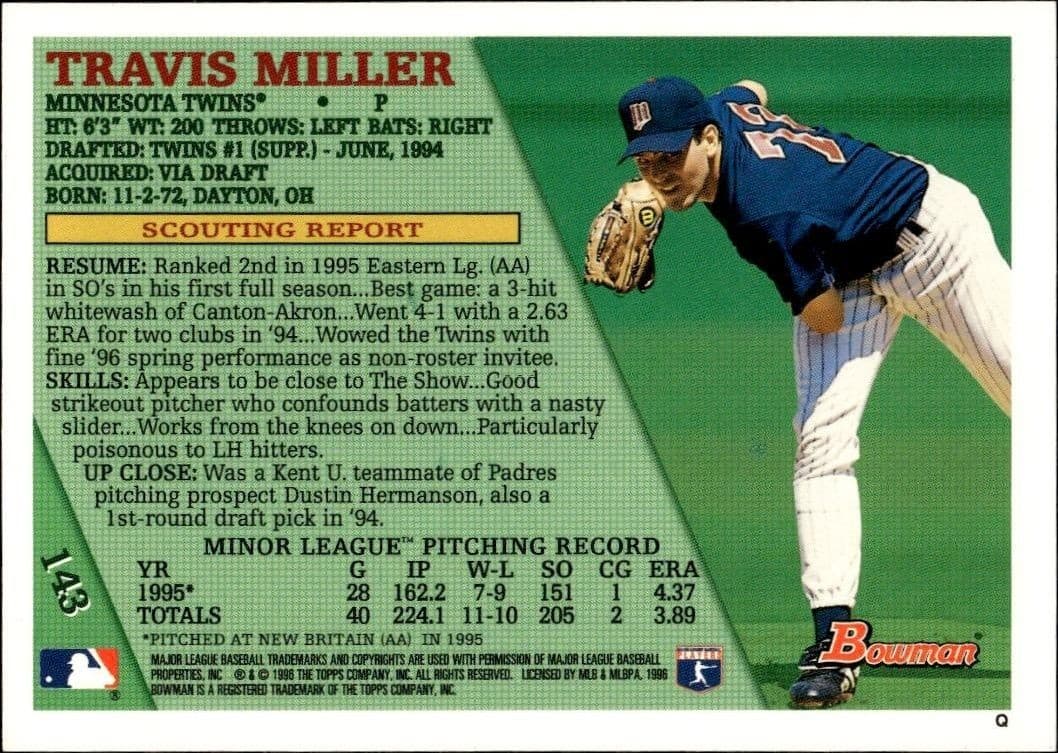1996 Bowman Travis Miller #143 baseball trading card back