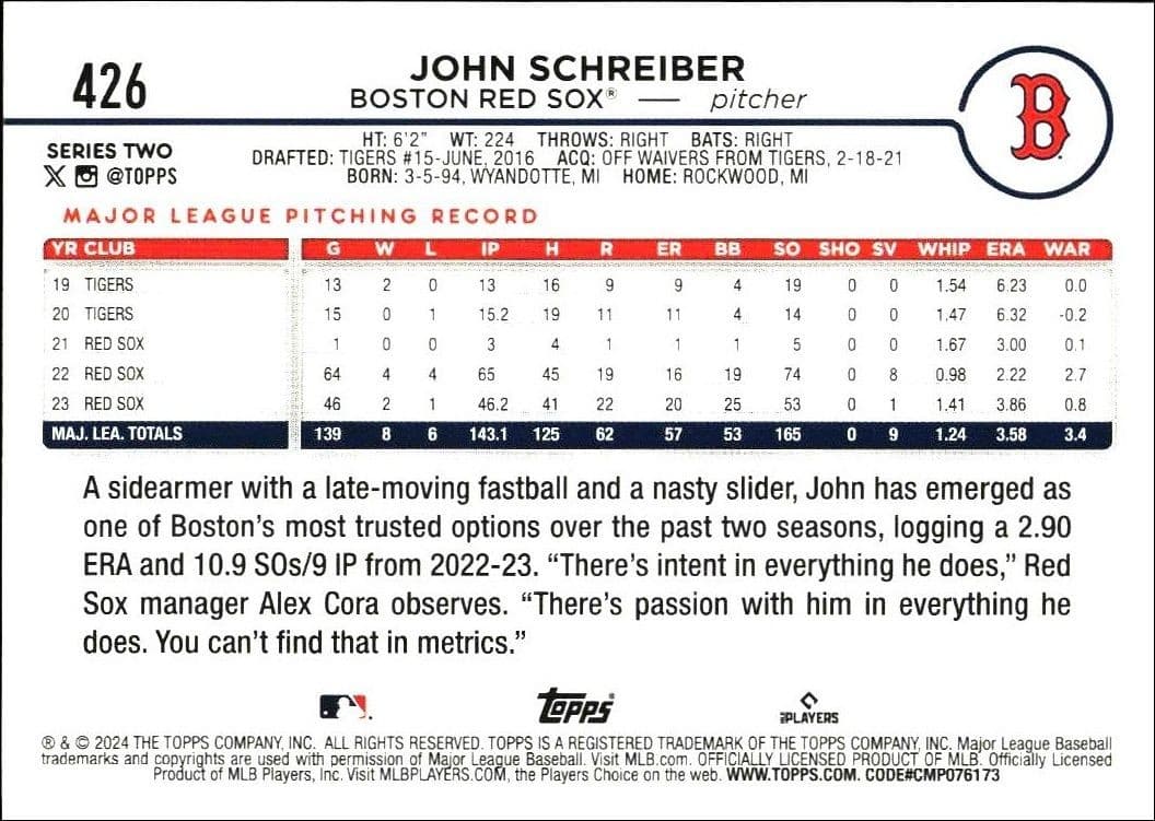 2024 Topps Series 2 John Schreiber #426 baseball trading card back
