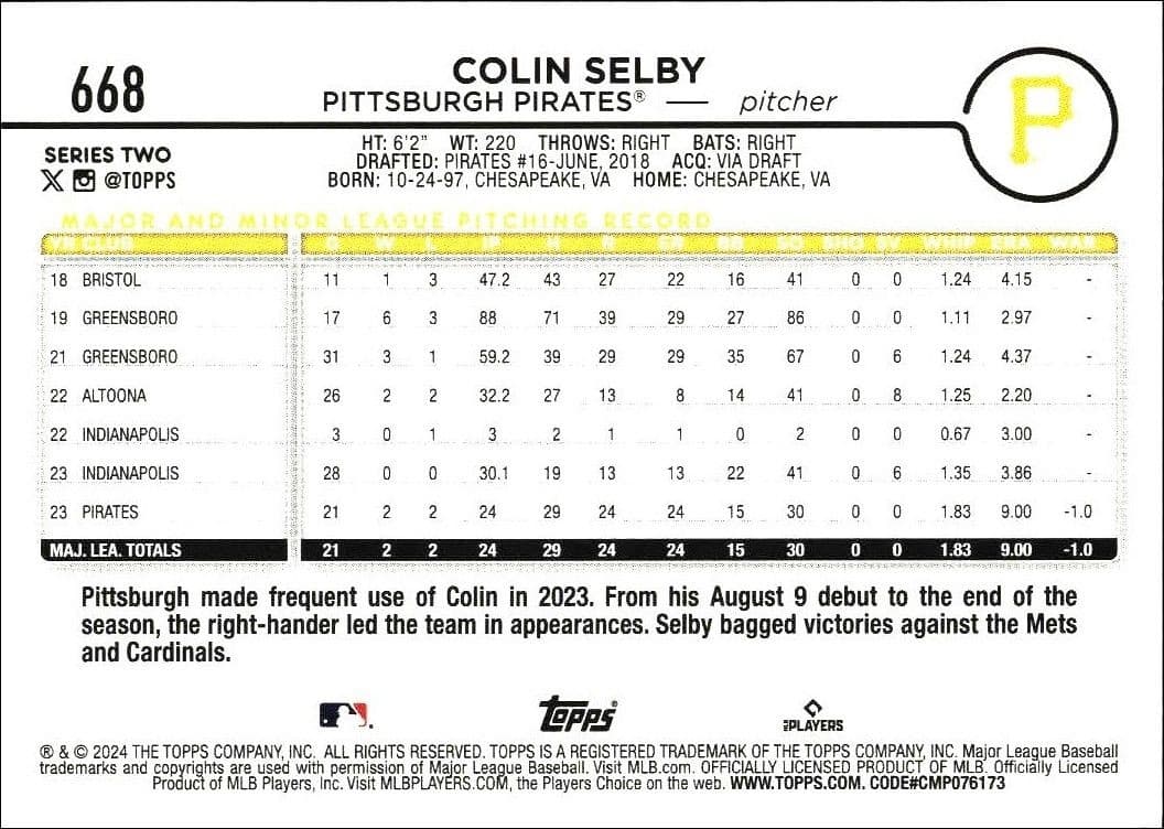 2024 Topps Series 2 Colin Selby #668 baseball trading card back