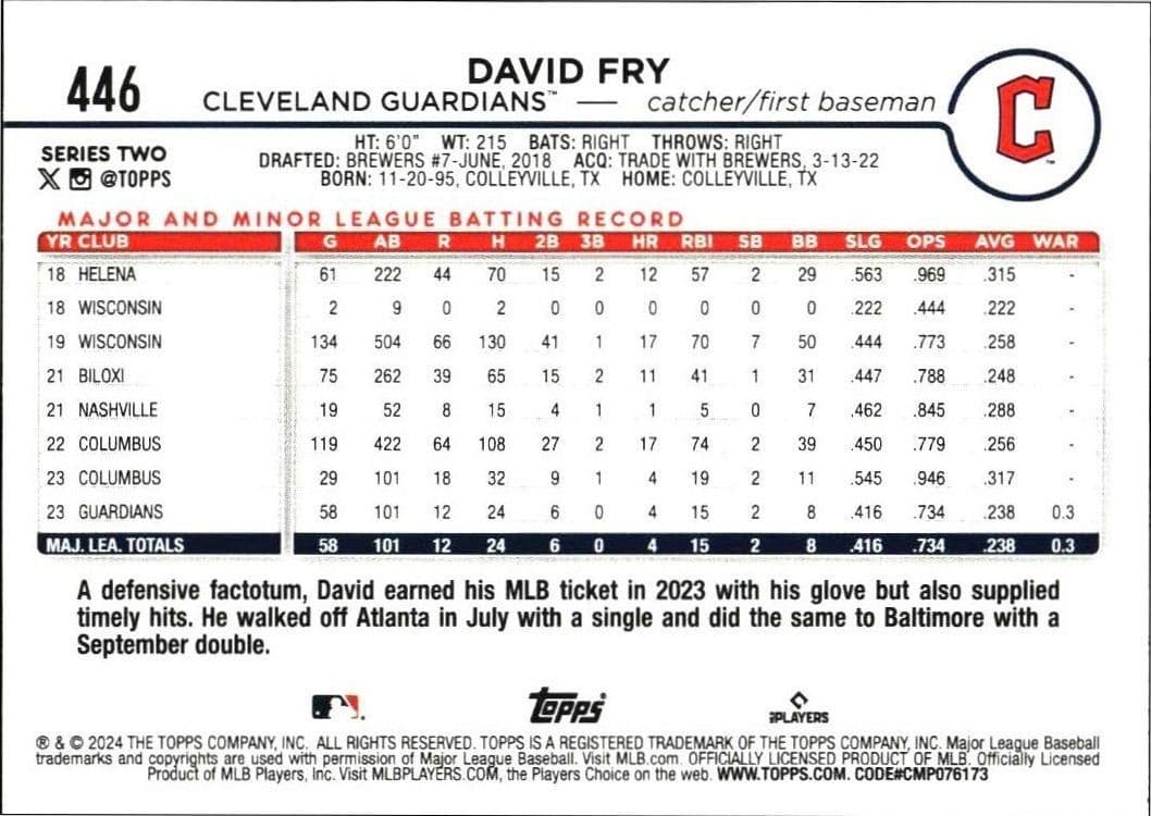 2024 Topps Series 2 David Fry #446 baseball trading card back