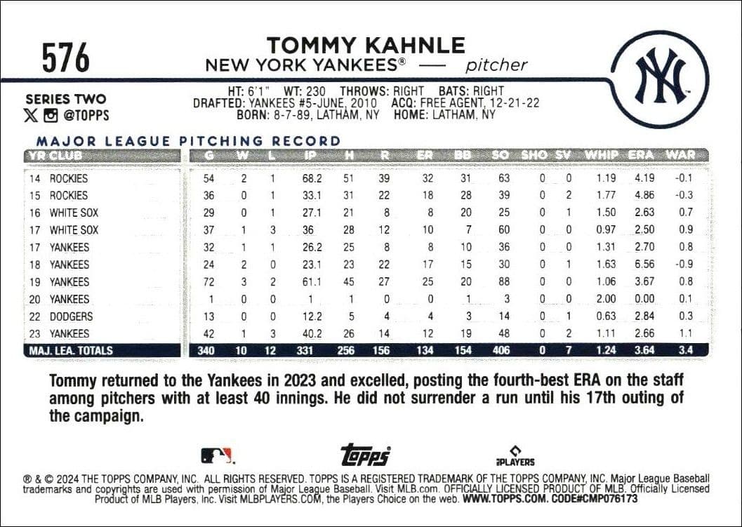 2024 Topps Series 2 Tommy Kahnle #576 baseball trading card back