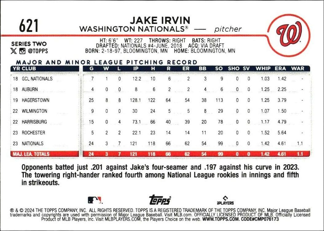2024 Topps Series 2 Jake Irvin #621 baseball trading card back
