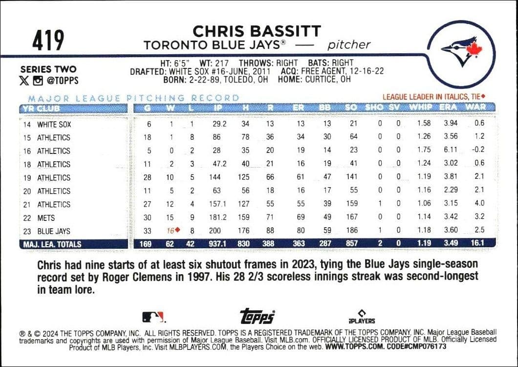 2024 Topps Series 2 Chris Bassitt #419 baseball trading card back