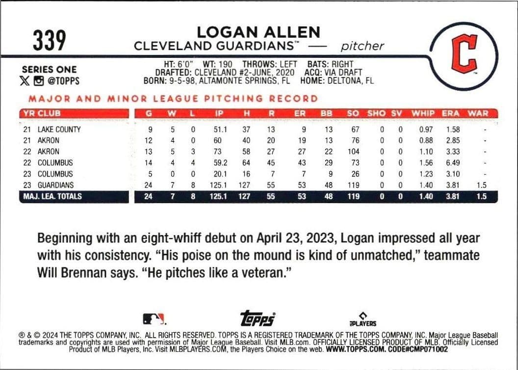 2024 Topps Logan Allen #339 baseball trading card back