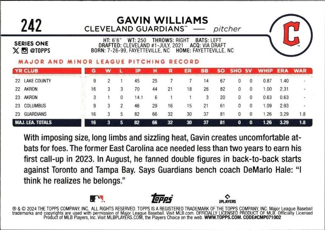 2024 Topps Gavin Williams #242 baseball trading card back