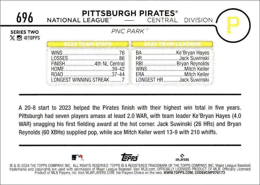 2024 Topps Series 2 Pittsburgh Pirates #696 baseball trading card back