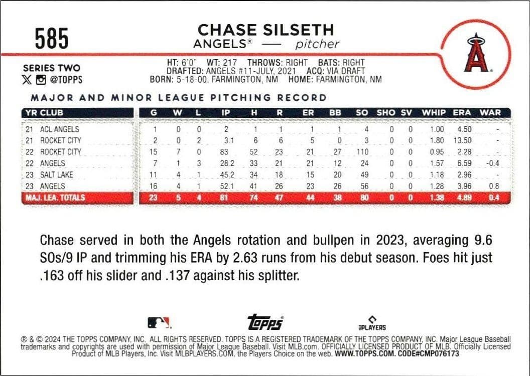 2024 Topps Series 2 Chase Silseth #585 baseball trading card back