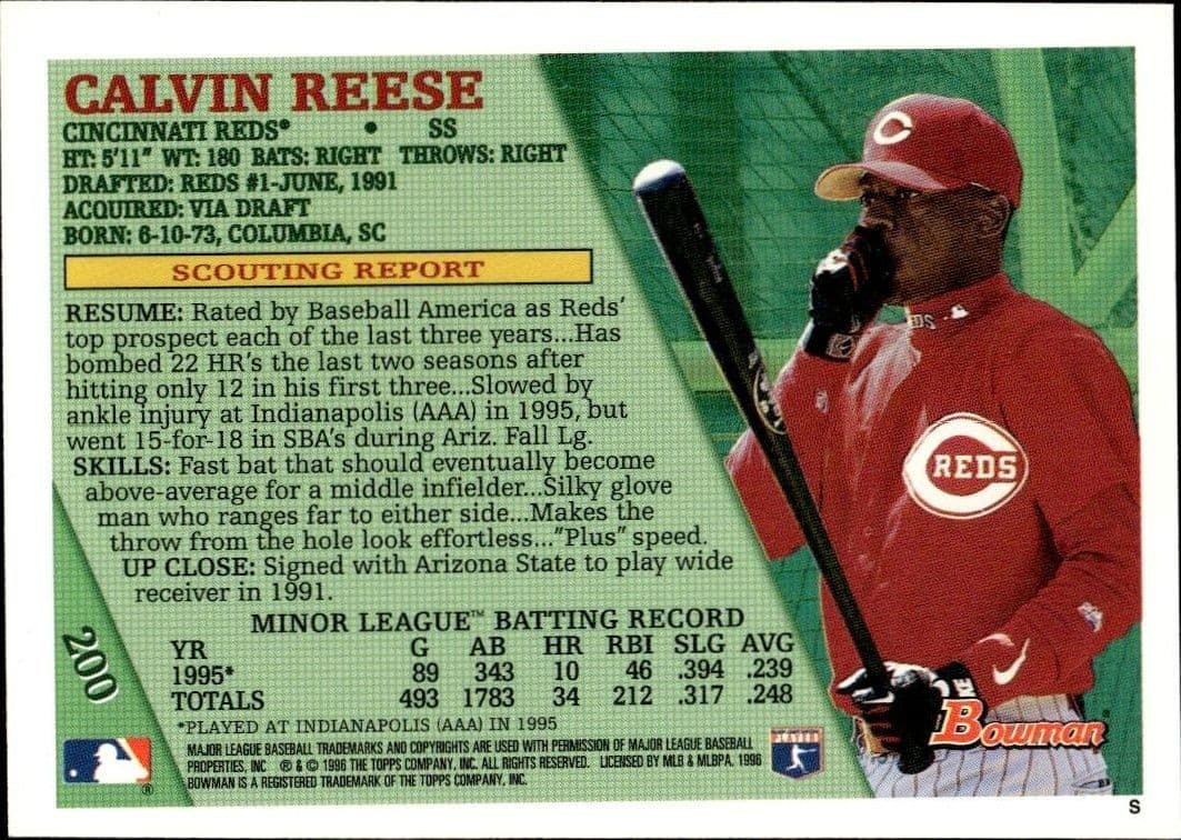 1996 Bowman Calvin Reese #200 baseball trading card back