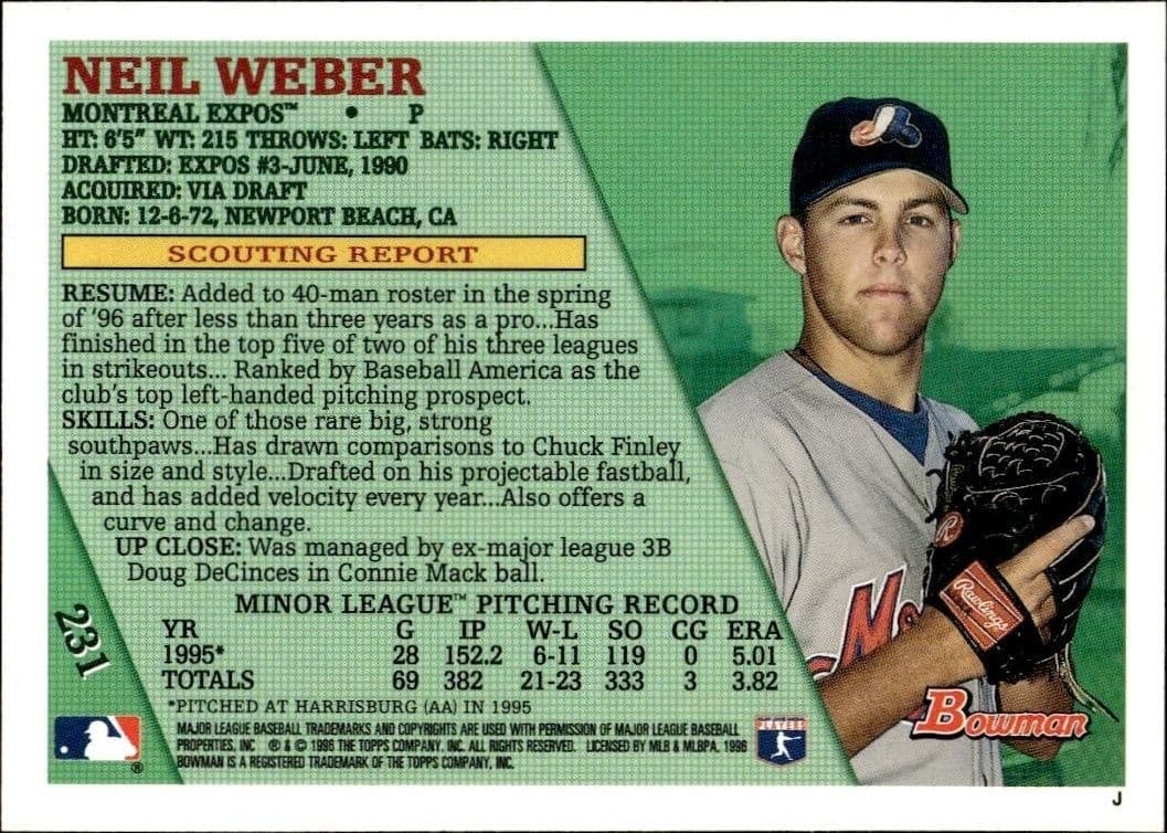 1996 Bowman Neil Weber #231 baseball trading card back