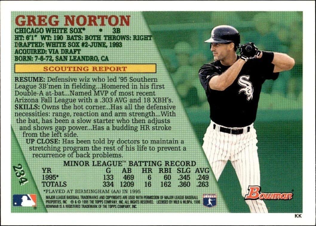 1996 Bowman Greg Norton #234 baseball trading card back