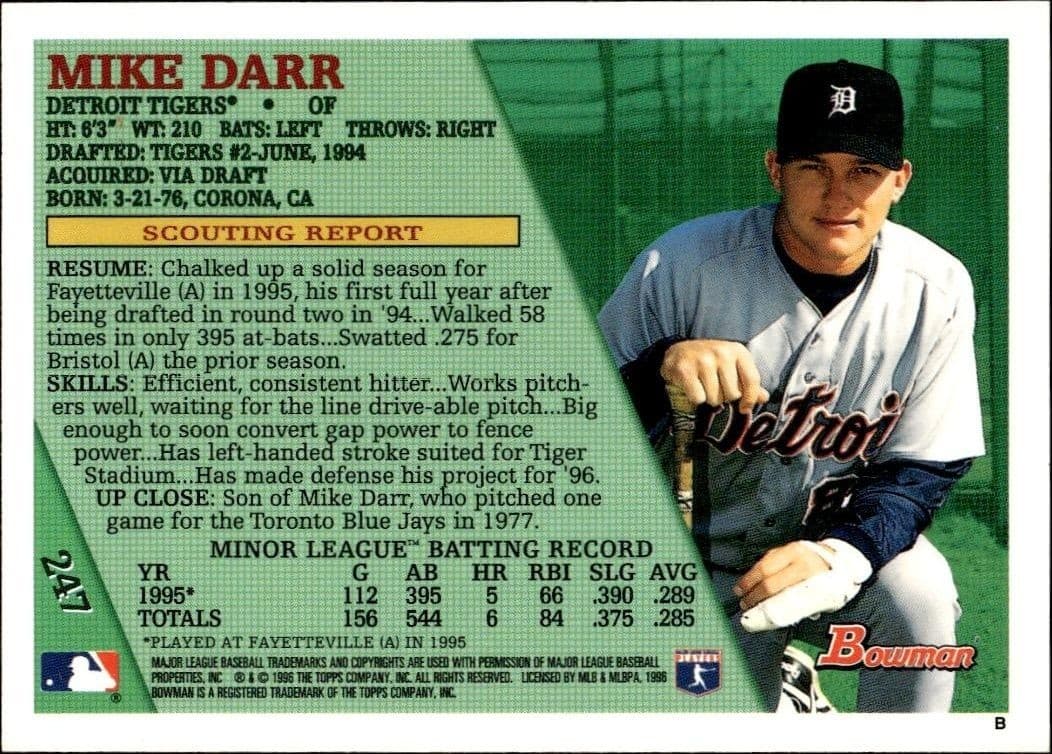1996 Bowman Mike Darr #247 baseball trading card back