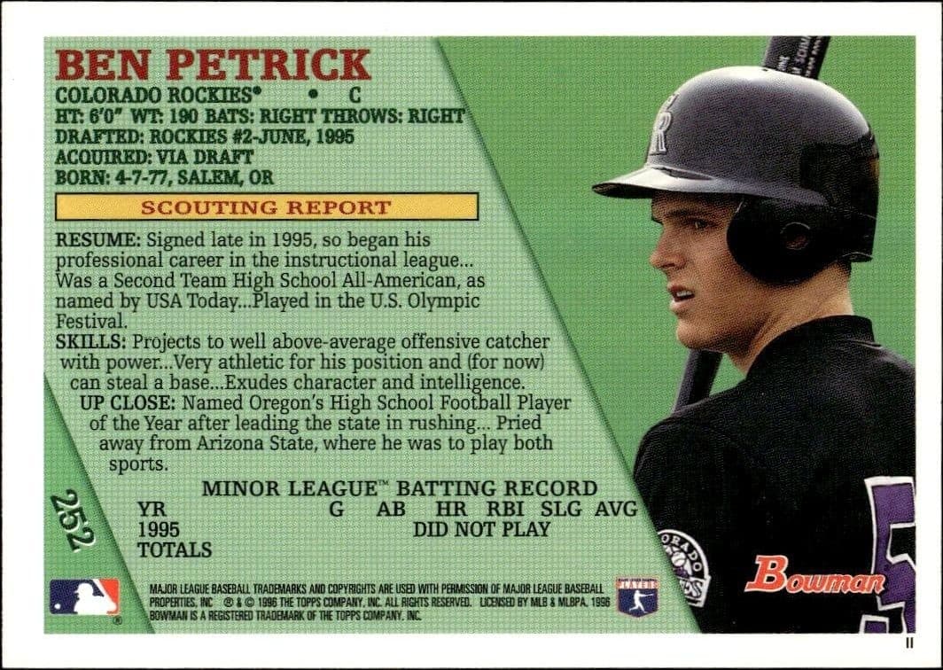 1996 Bowman Ben Petrick #252 baseball trading card back