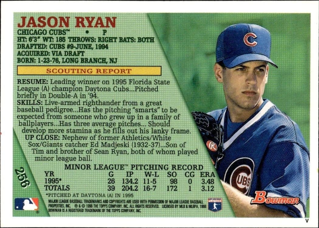 1996 Bowman Jason Ryan #256 baseball trading card back