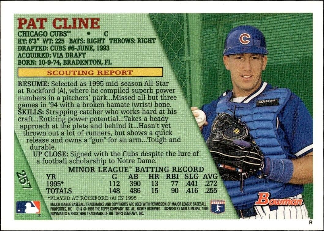 1996 Bowman Pat Cline #257 baseball trading card back