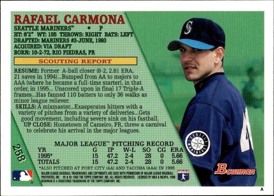 1996 Bowman Rafael Carmona #258 baseball trading card back