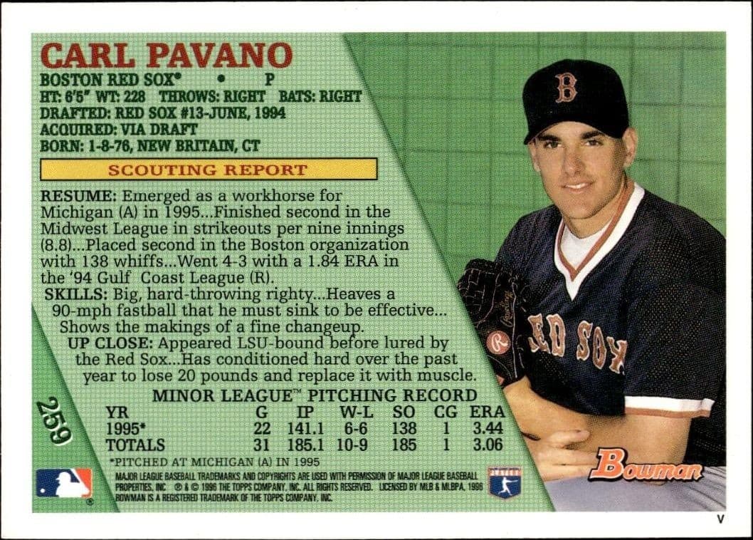 1996 Bowman Carl Pavano #259 baseball trading card back