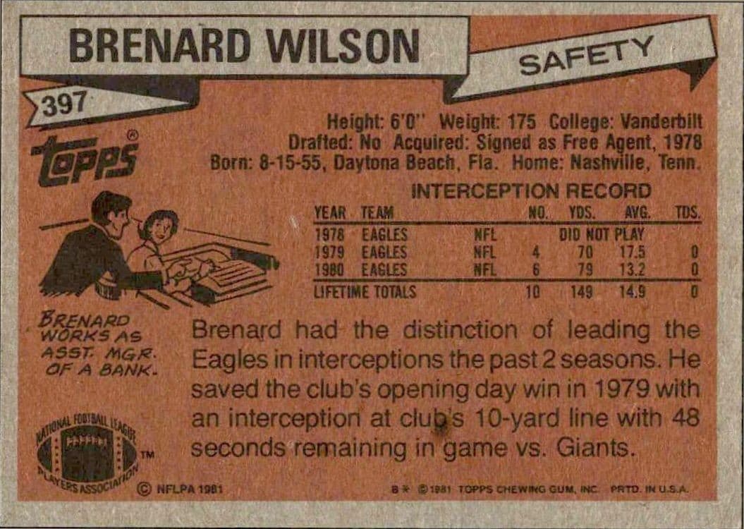 1981 Topps Brenard Wilson #397 football trading card back