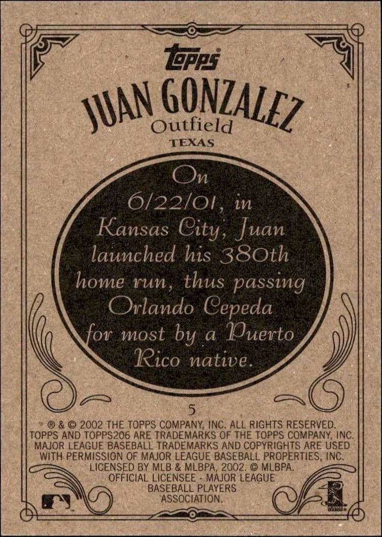 2002 Topps 206 Juan Gonzalez #5 baseball trading card back