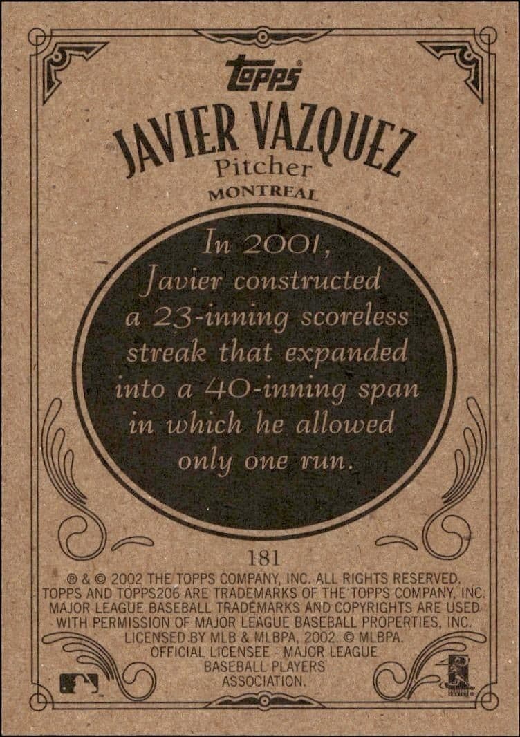 2002 Topps 206 Javier Vazquez #181 baseball trading card back