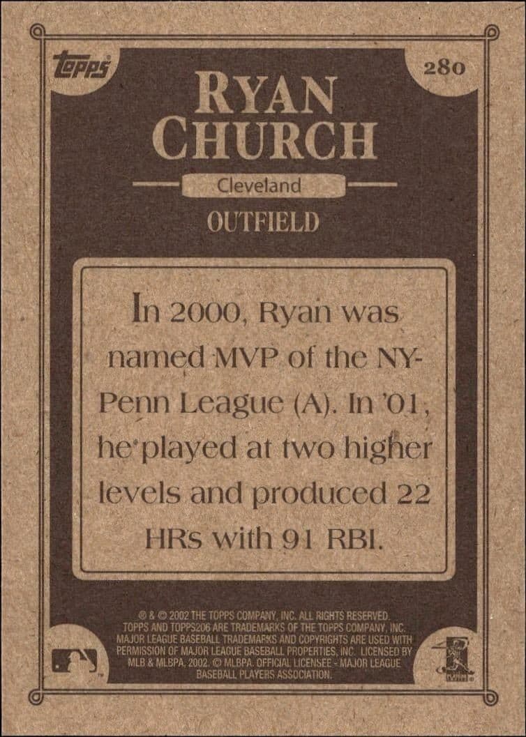 2002 Topps 206 Ryan Church #280 baseball trading card back