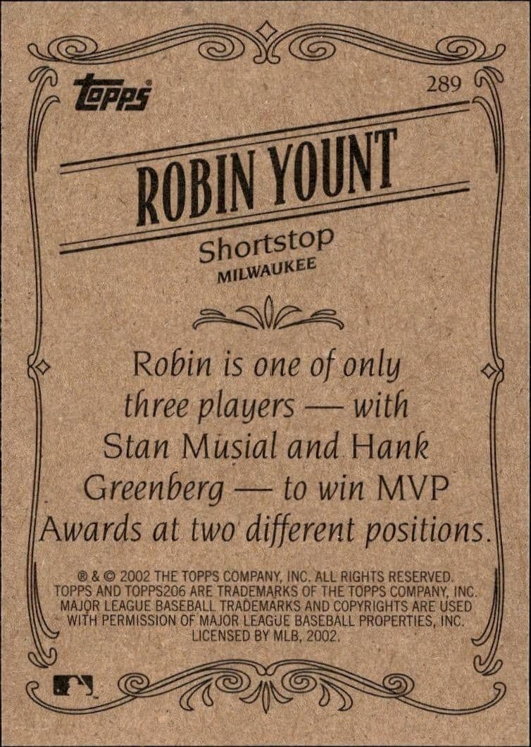 2002 Topps 206 Robin Yount #289 baseball trading card back