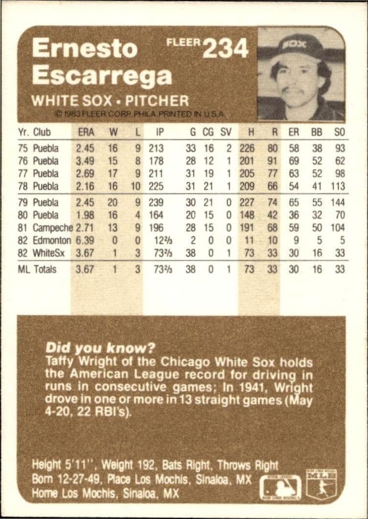 1983 Fleer Ernesto Escarrega #234 baseball trading card back