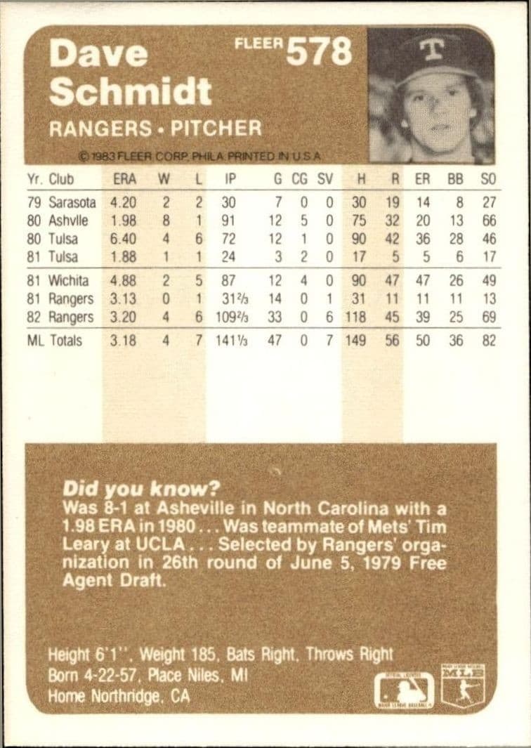 1983 Fleer Dave Schmidt #578 baseball trading card back