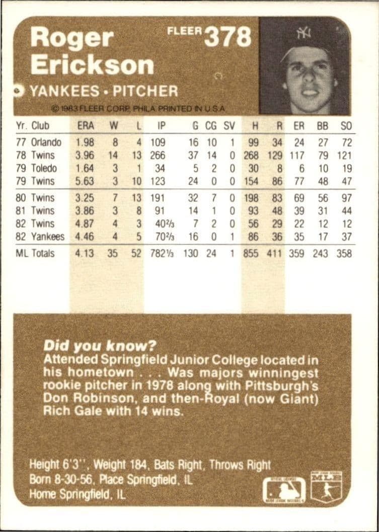 1983 Fleer Roger Erickson #378 baseball trading card back