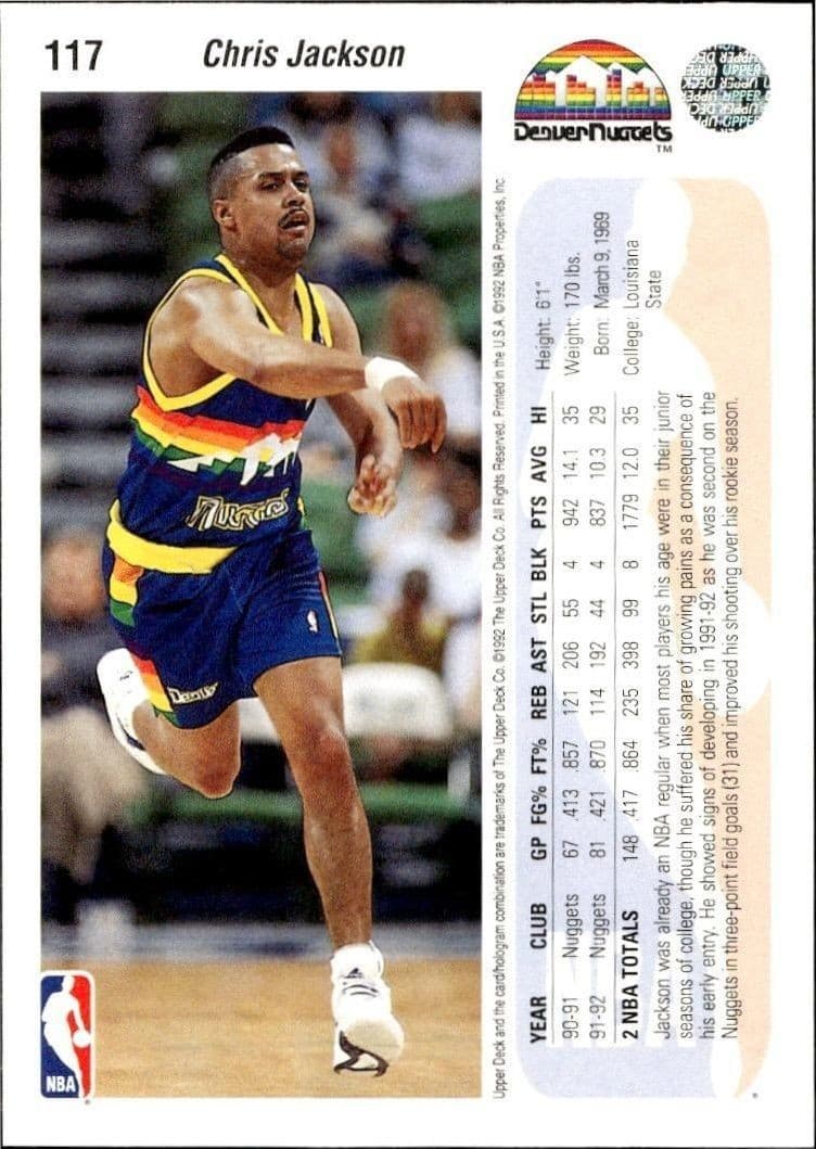 1992 Upper Deck Chris Jackson #117 basketball trading card back