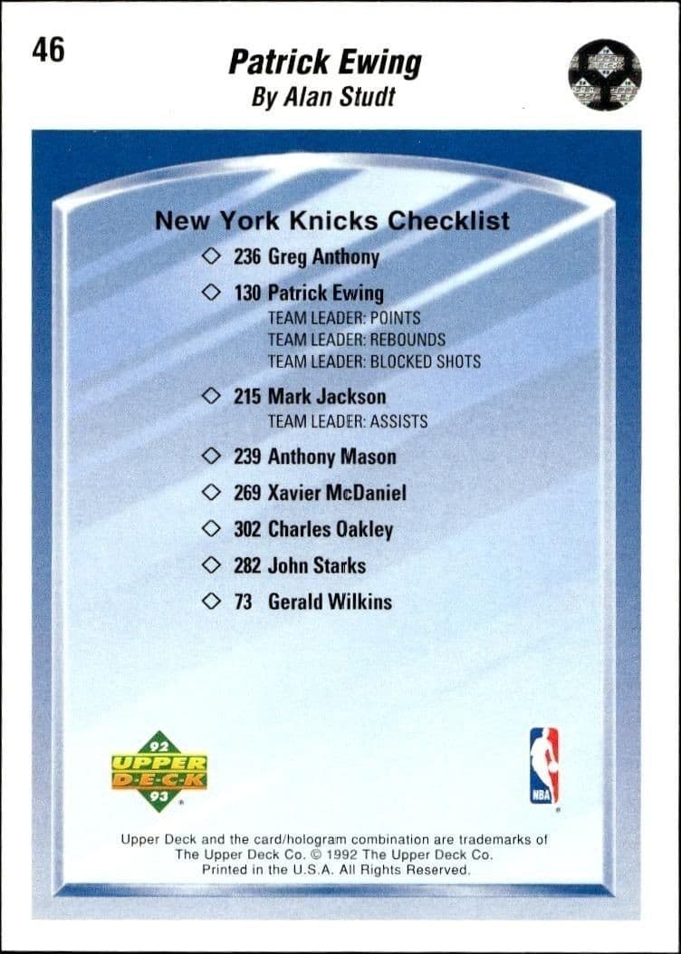 1992-93 Upper Deck Patrick Ewing #46 basketball trading card back