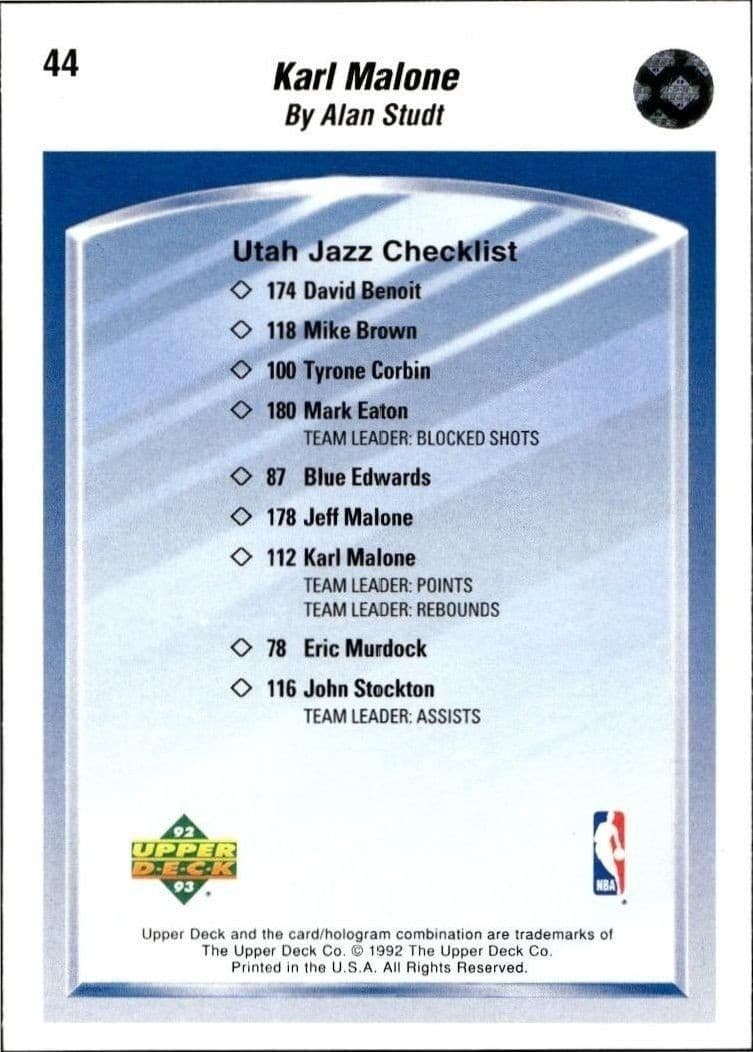 1992-93 Upper Deck Karl Malone #44 basketball trading card back