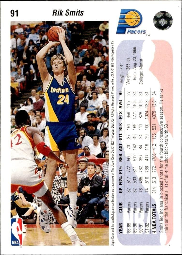 1992 Upper Deck Rik Smits #91 basketball trading card back