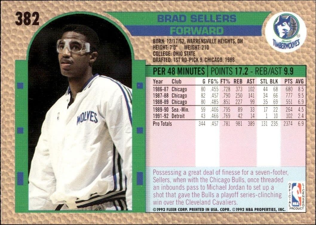 1992 Fleer Brad Sellers #382 basketball trading card back