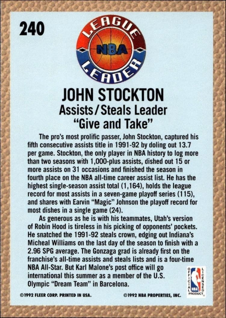 1992 Fleer John Stockton #240 basketball trading card back