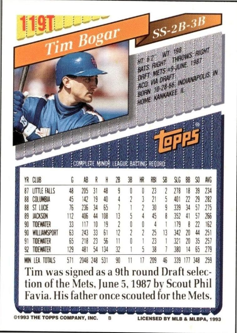1993 Topps Traded Tim Bogar #119T baseball trading card back