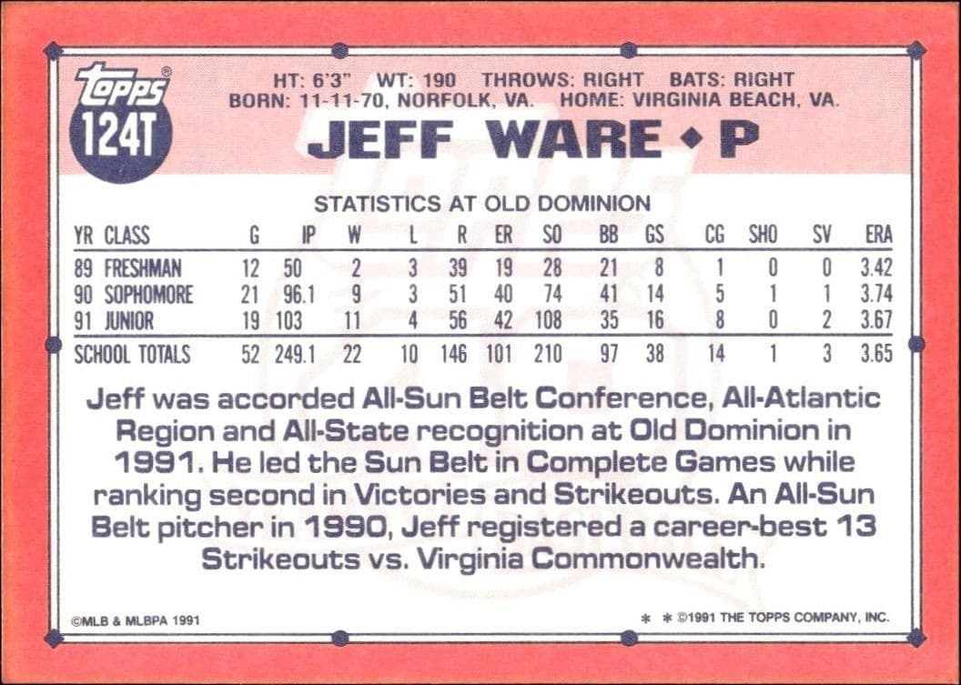 1991 Topps Traded Jeff Ware #124T baseball trading card back