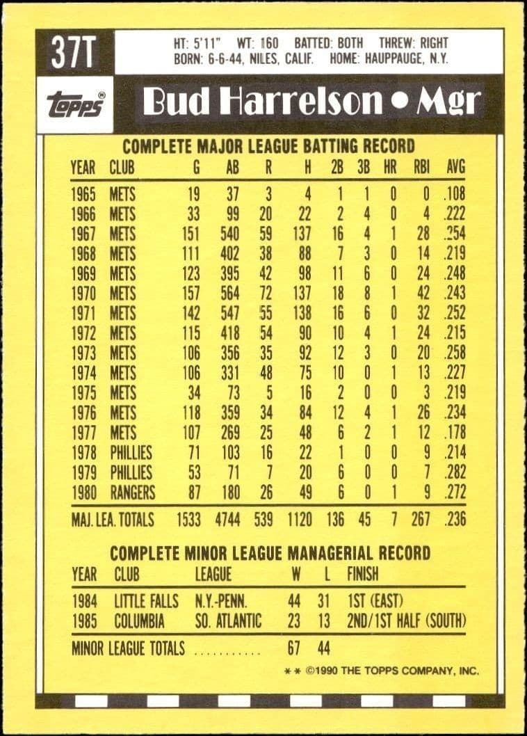 1990 Topps Traded Bud Harrelson #37T baseball trading card back